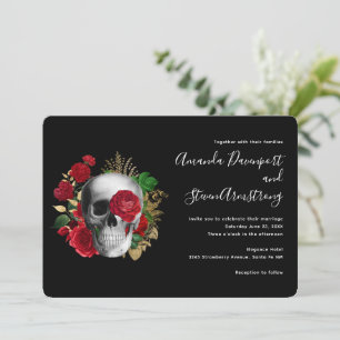 Invitation Goth Rouge Floral Crâne et Feuilles d'or