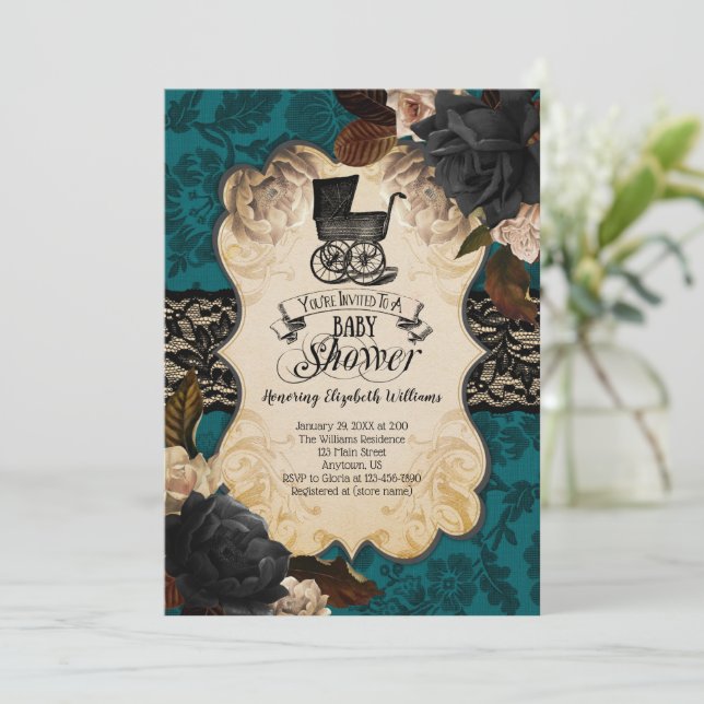 Invitation Goth Victorian Turquoise Blue Baby shower Invitati (Debout devant)