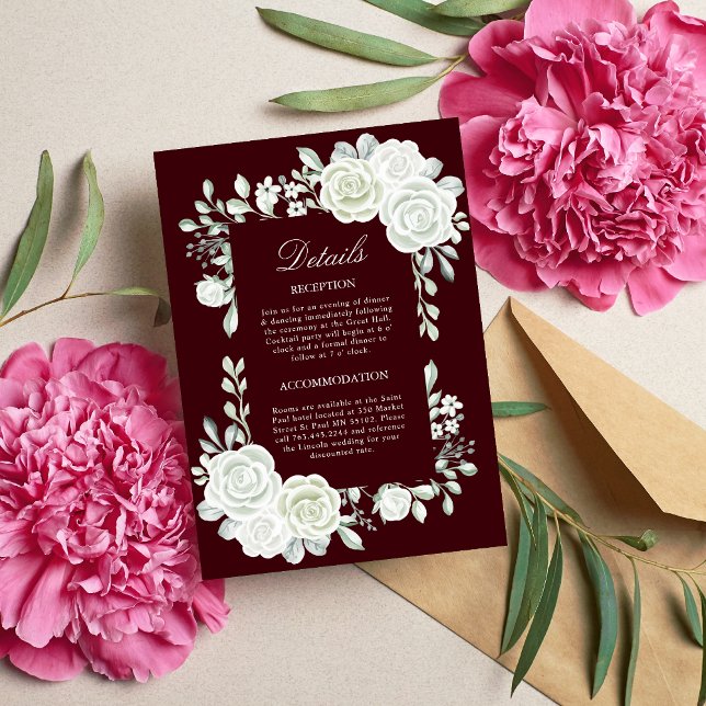 Invitation Gothic Burgundy White Roses Wedding Enclosure Card (Gothic burgundy white roses enclosure card shares details with a romantic, dramatic touch.)