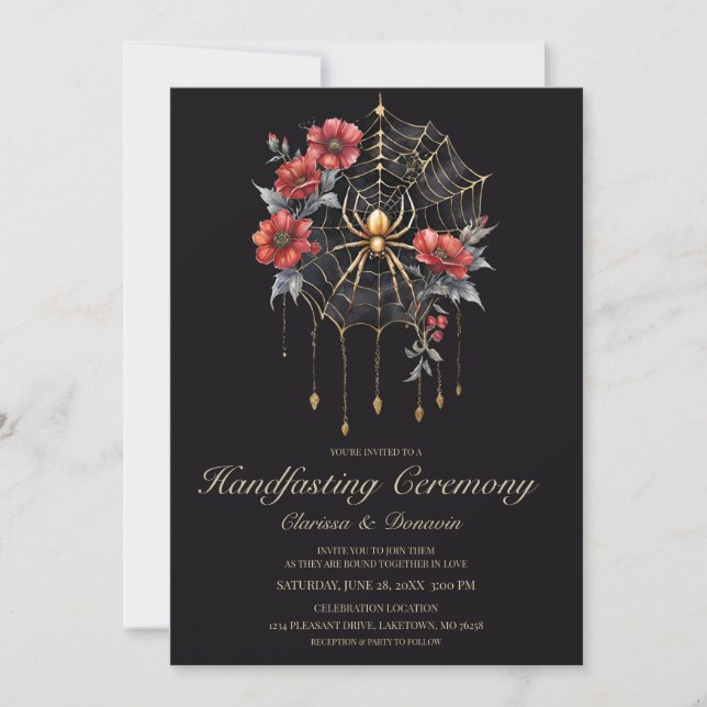 Invitation Gothic Gold & Red Spider Floral Web Handfasting (Devant)