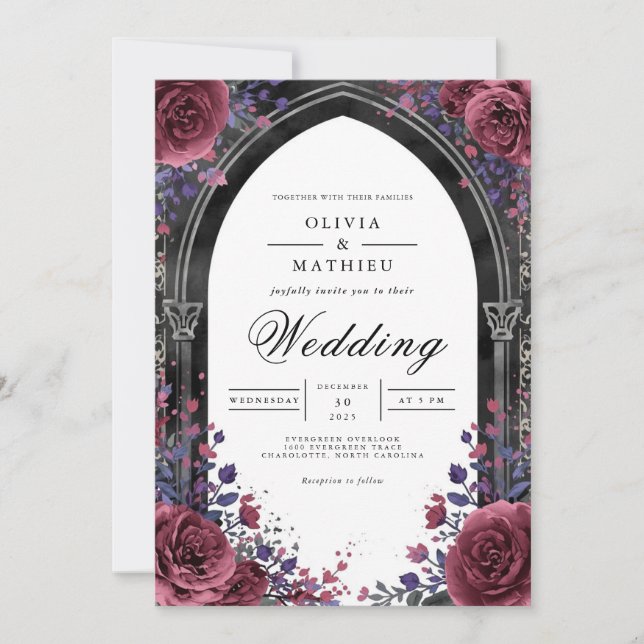 Invitation Gothic Plum Arch Floral Wedding (Devant)
