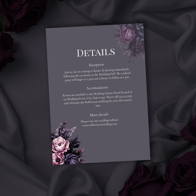 Invitation Gothic Plum Floral Wedding Details Card (Gothic Plum Floral Wedding Invitation on a gothic wedding table with dark roses)