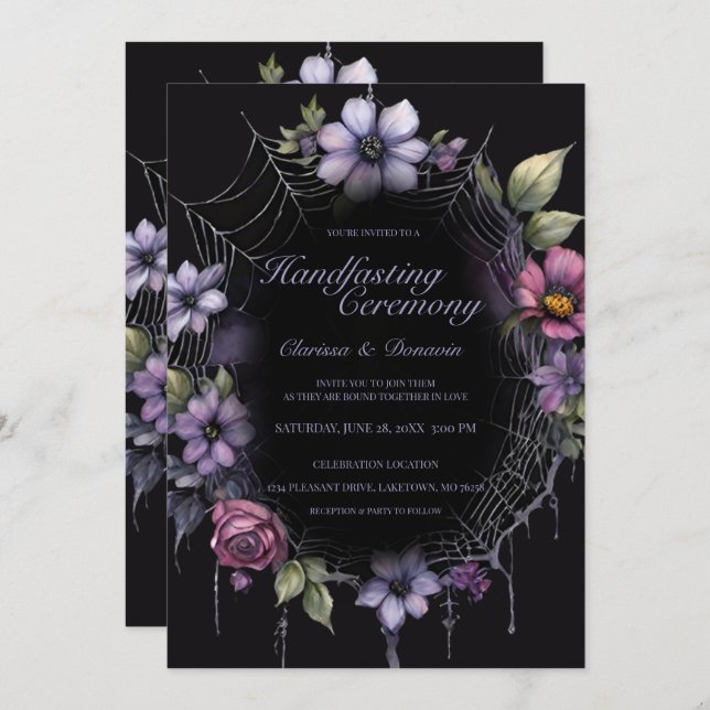 Invitation Gothic Purple Spider Floral Web Handfasting (Devant / Derrière)
