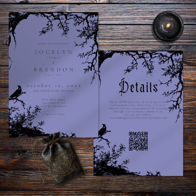 Invitation Gothic Raven Tree Engraving Black Blue Wedding (Créateur téléchargé)