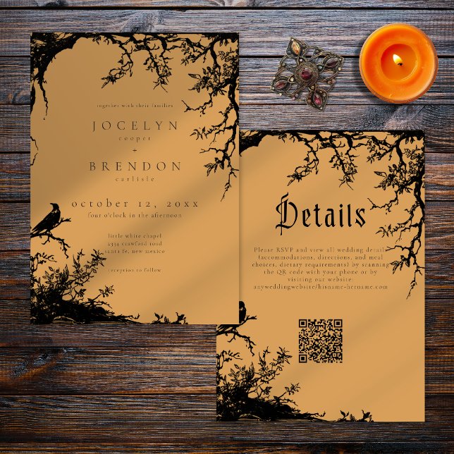 Invitation Gothic Raven Tree Engraving Black Orange Wedding (Créateur téléchargé)