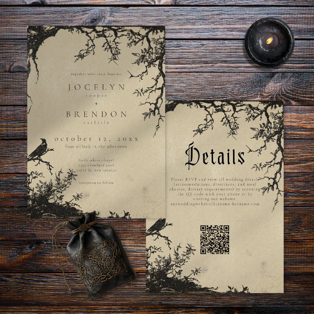 Invitation Gothic Raven Tree Engraving Black Tan Wedding (Créateur téléchargé)