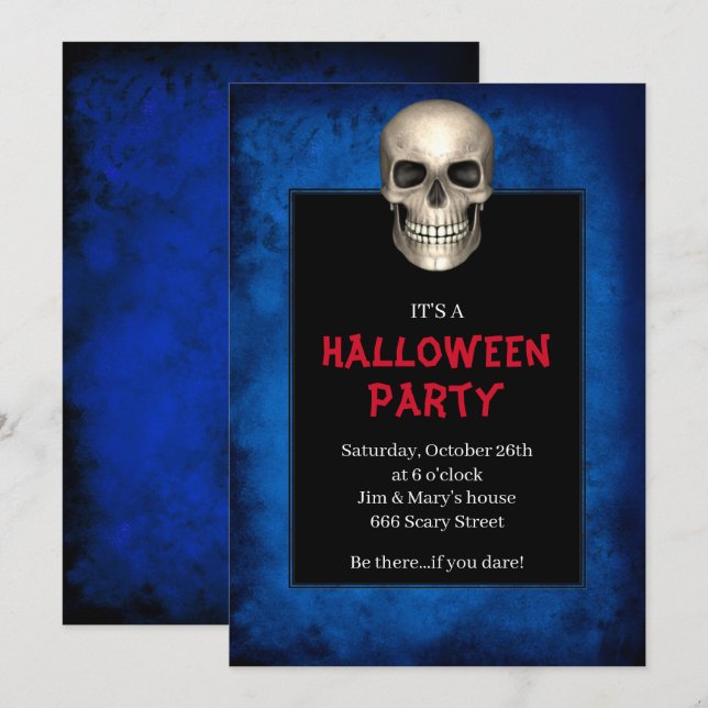 Invitation Gothic Skull Blue Grunge Halloween Party (Devant / Derrière)