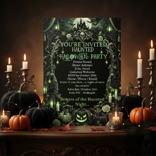 Invitation Gothic Vert Halloween Château Hanté Emeraude Noir