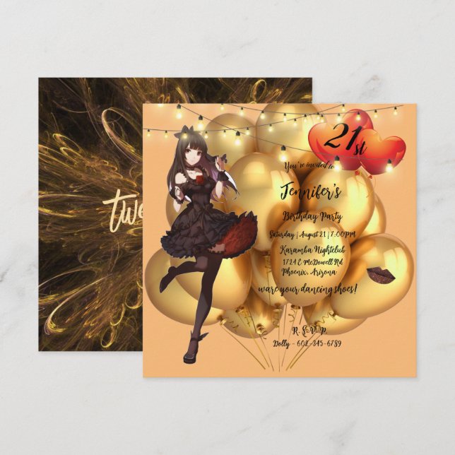 Invitation Gothique 21e anniversaire ballons lumières Invitat (Devant / Derrière)