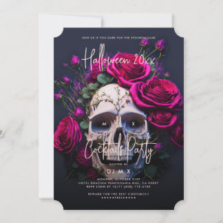 Invitation Gothique Adulte Halloween Party Crâne Roses rouges