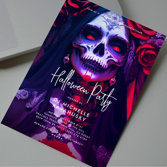 Invitation Gothique Adulte Halloween Party Red Purple Lady Cr (Gothic Adult Halloween Party Red Purple Lady Skull Invitation
)