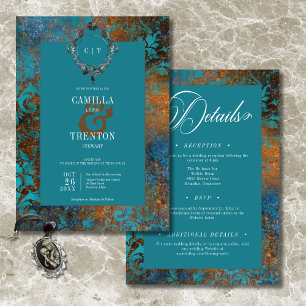 Invitation Gothique Antique Turquoise Or Damask Deux Mariage