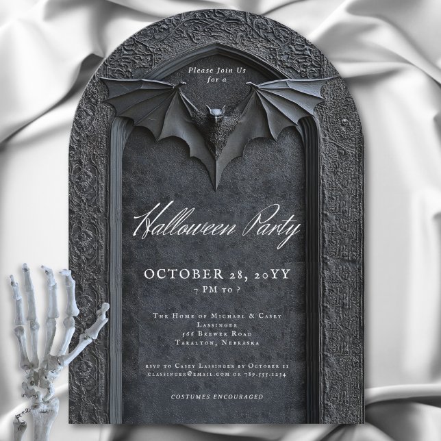 Invitation Gothique Bat Arched Tombstone Halloween Party (Gothic Bat Arched Tombstone Halloween Party Invitation)