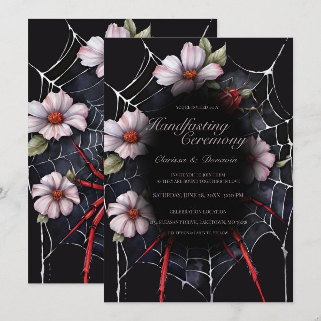 Invitation Gothique Black & Red Spider Floral Web Handfasting (Devant / Derrière)
