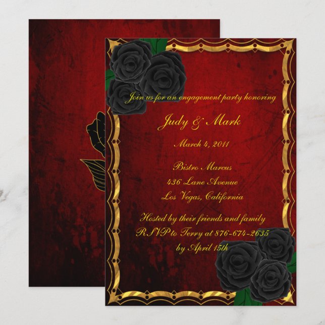 Invitation Gothique Black Rose Blood Red Engagement Party (Devant / Derrière)