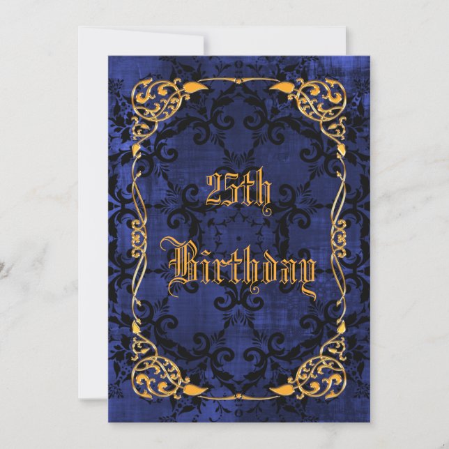 Invitation Gothique Bleu & Cadre Doré pour les 25 ans (Devant)