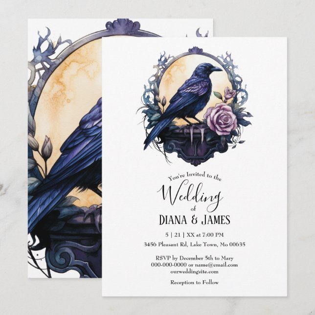 Invitation Gothique Boho Floral Raven & Mariage Rose (Devant / Derrière)