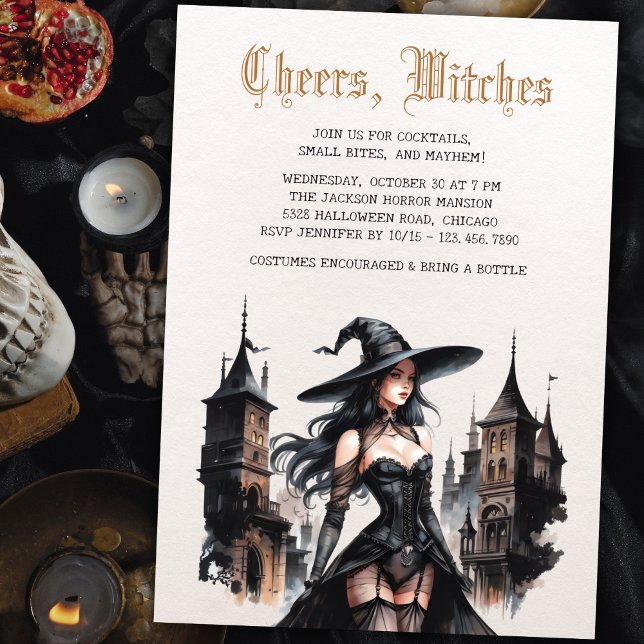 Invitation Gothique Cheers Sorcières Adultes Filles Nuit Hall (Gothic Cheers Witches Adult Girls Night Halloween Invitation)