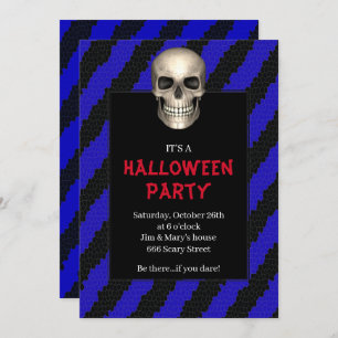 Invitation Gothique Crâne Bleu Stripe Halloween Party