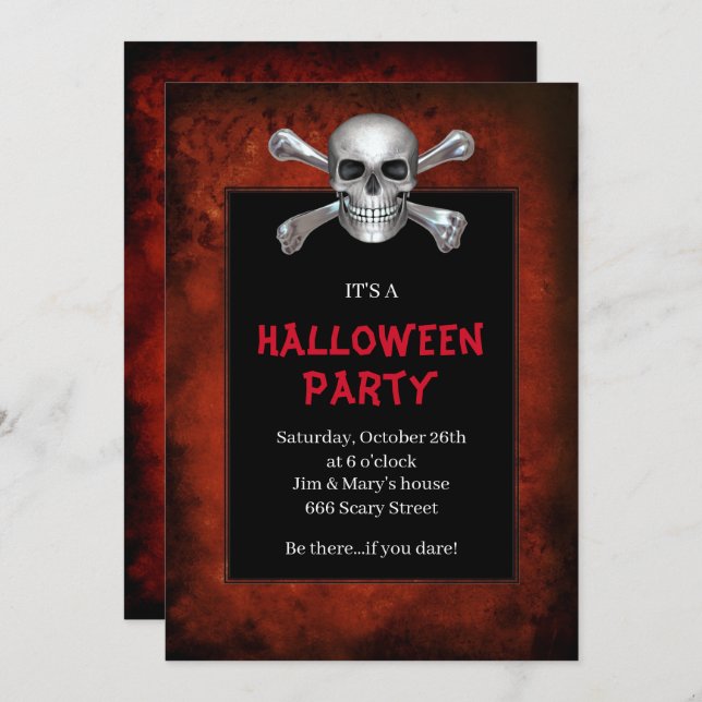 Invitation Gothique Crâne Crossbones Red Grunge Halloween Par (Devant / Derrière)