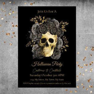 Invitation Gothique Crâne Noir & Or Roses Halloween Party