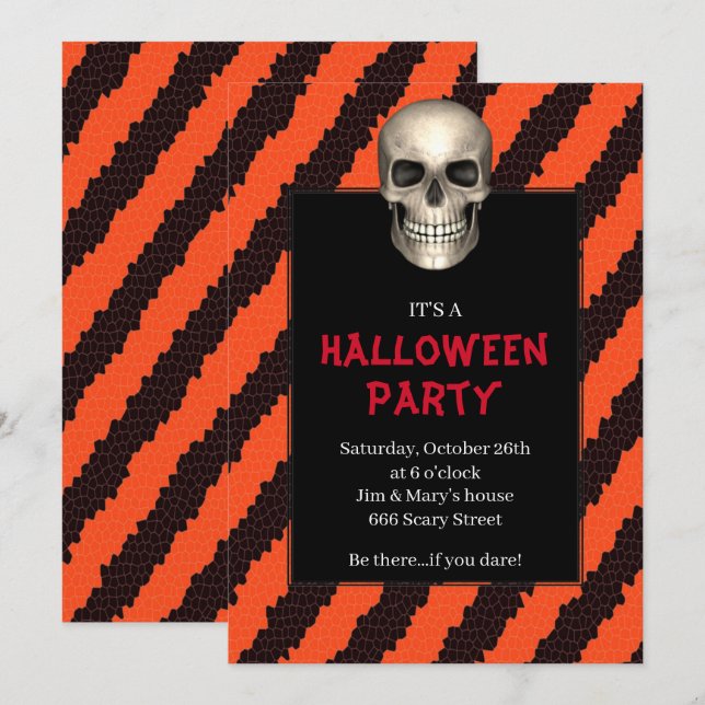 Invitation Gothique Crâne Orange Stripe Halloween Party (Devant / Derrière)