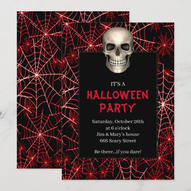 Invitation Gothique crâne Red Spider Web Halloween Party (Devant / Derrière)