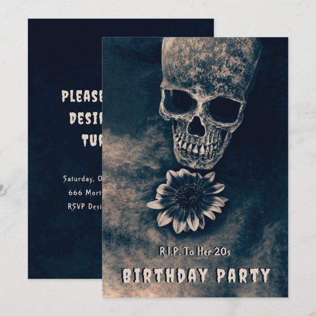 Invitation Gothique Crâne Tournesol RIP À ses 20 ans (Devant / Derrière)