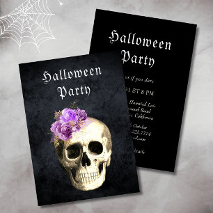 Invitation Gothique Crâne violet Roses Halloween Party