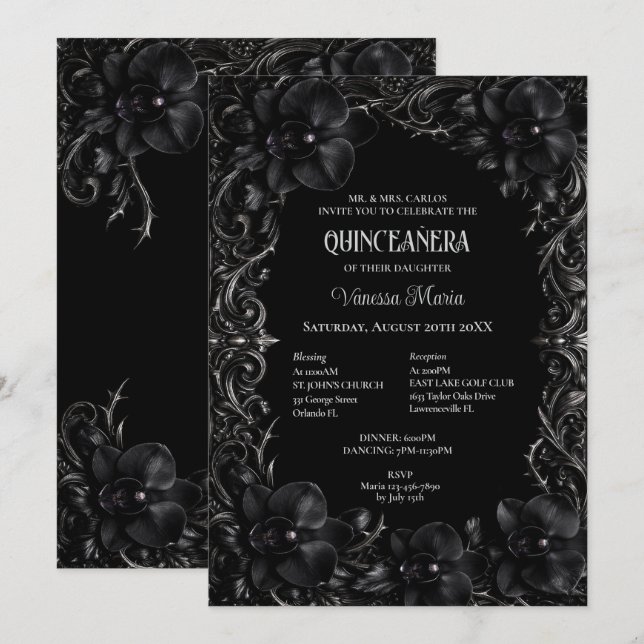 Invitation gothique de Quinceanera Halloween Orchi (Devant / Derrière)