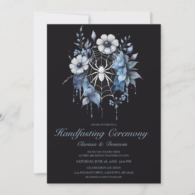 Invitation Gothique Dusty Blue Spider Floral Web Handfasting (Devant)