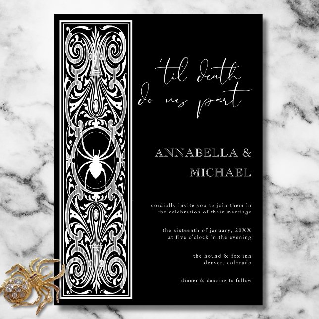 Invitation Gothique Éffrayant Spider noir blanc Mariage (Gothic Spooky Spider Black White Wedding Invitation)