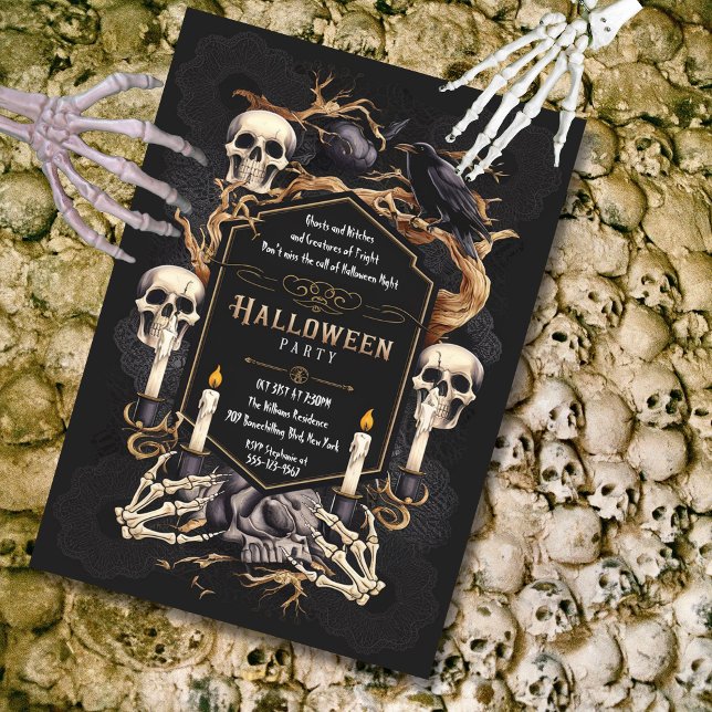 Invitation Gothique Elegance Skuls Corbeau Halloween Party (Gothic Halloween Party Invitation)