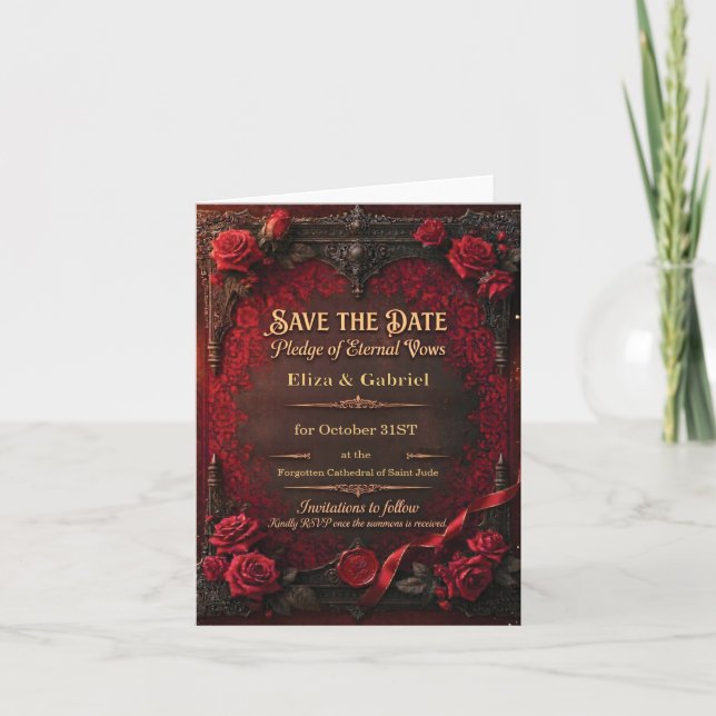 Invitation Gothique Enregistrer la Date avec Rose Rouge et Sc (Devant)