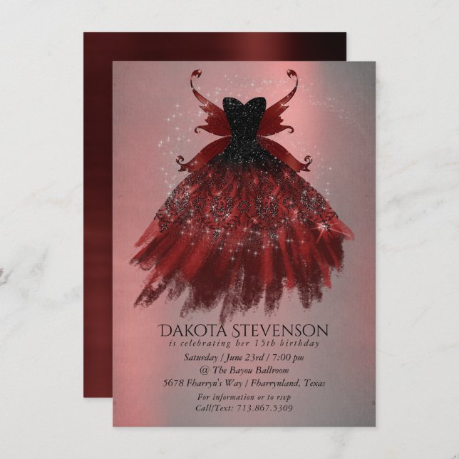 Invitation Gothique Fairy Crimson Gown | Fer rouge profond ra (Devant / Derrière)