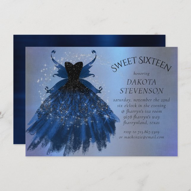 Invitation Gothique Fairy Navy Gown | Fleur bleue de Cobalt p (Devant / Derrière)