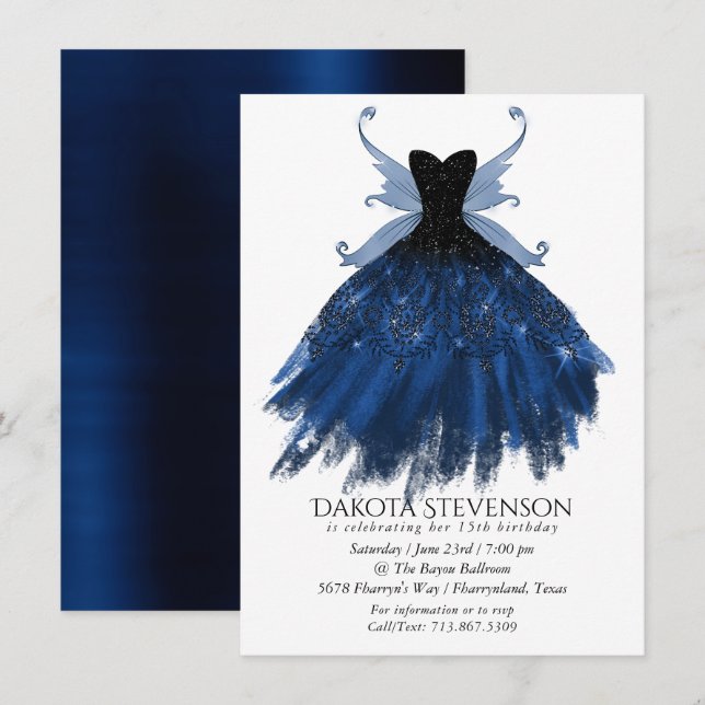 Invitation Gothique Fairy Navy Gown | Fleur bleue de Cobalt p (Devant / Derrière)