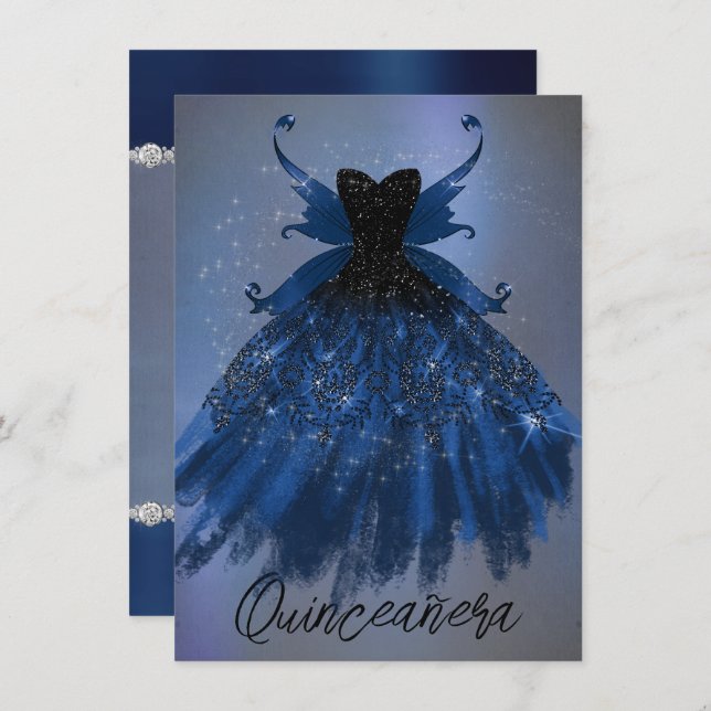 Invitation Gothique Fairy Navy Gown | Fleur bleue de Cobalt p (Devant / Derrière)