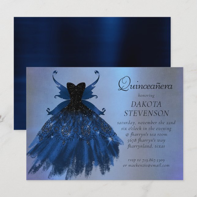 Invitation Gothique Fairy Navy Gown | Fleur bleue de Cobalt p (Devant / Derrière)