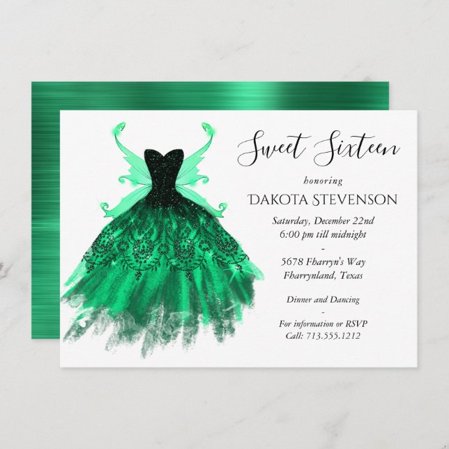 Invitation Gothique Fairy Turquoise Gown | Fleur verte profon (Devant / Derrière)