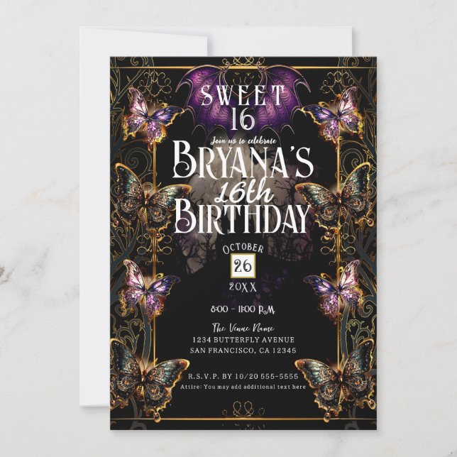 Invitation Gothique Fairytale Gold Butterfly & Bat Sweet 16 (Devant)