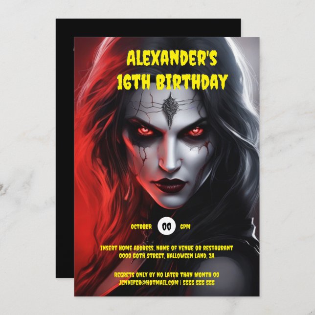 Invitation Gothique femme halloween fête rouge noir (Devant / Derrière)