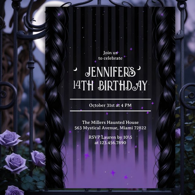 Invitation Gothique Fille Braids violet Ado fête d'anniversai (Gothic Braids Purple Teen Birthday – Spooky Cute Dark Academia (Age Editable))