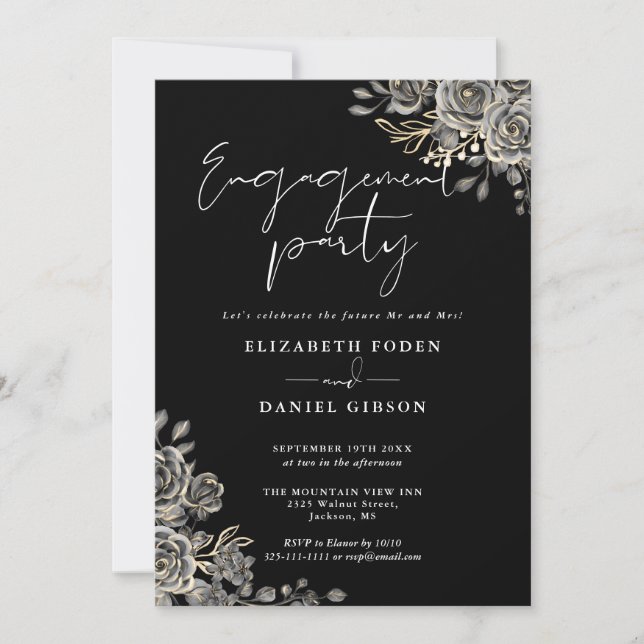 Invitation Gothique Floral Black and White Engagement Party (Devant)