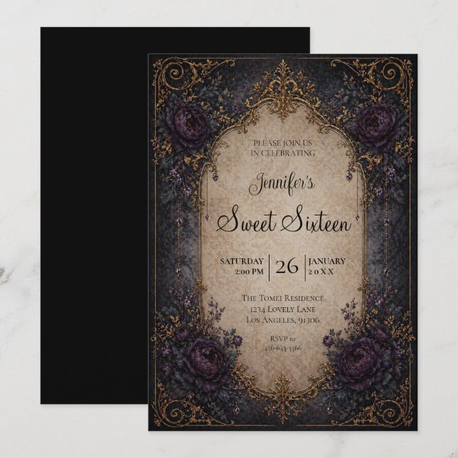 Invitation Gothique Floral Humeur Douce 16 (Devant / Derrière)