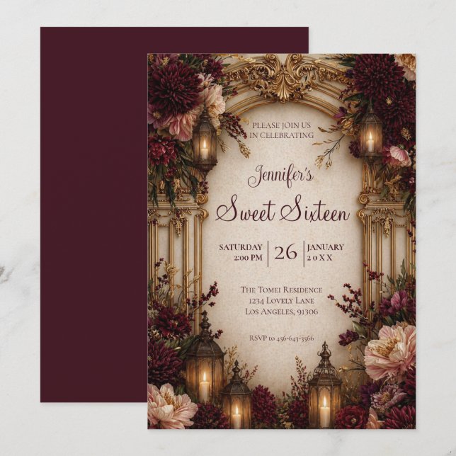 Invitation Gothique Floral Humeur Douce 16 (Devant / Derrière)