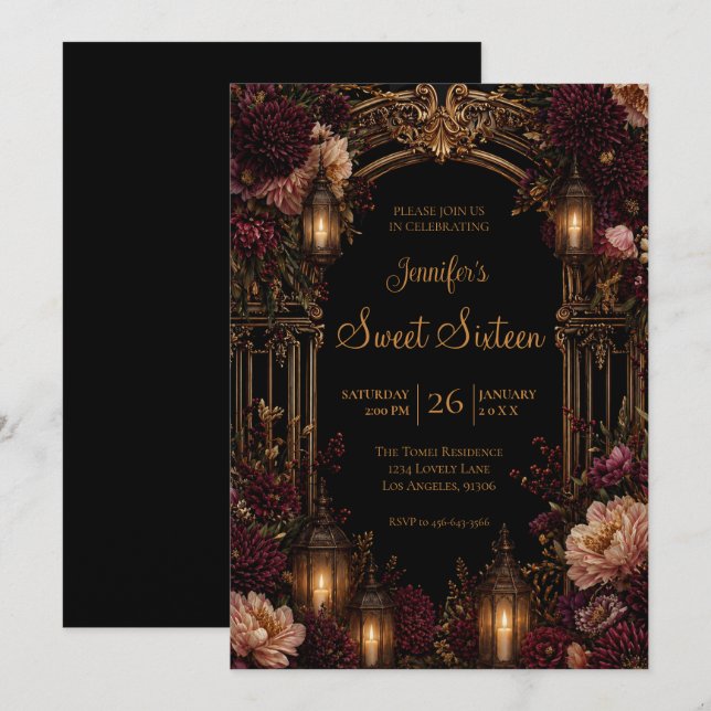 Invitation Gothique Floral Humeur Douce 16 (Devant / Derrière)