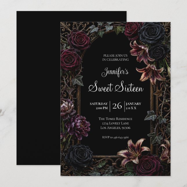 Invitation Gothique Floral Humeur Sweet 16 (Devant / Derrière)