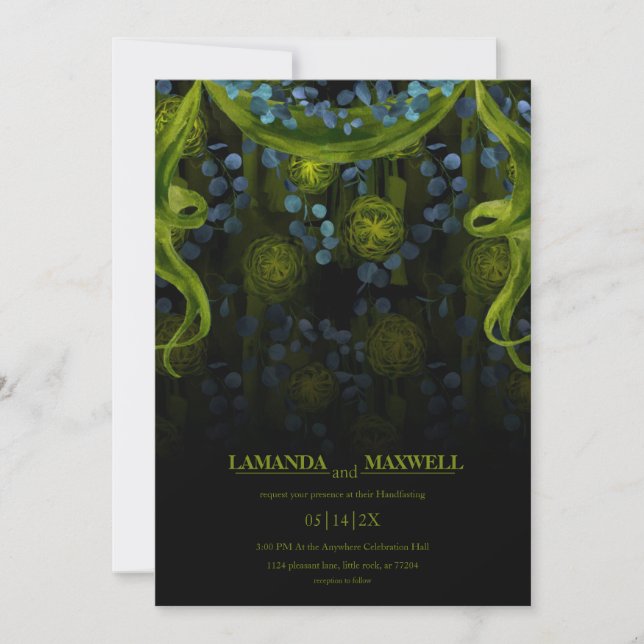 Invitation Gothique Floral Vert & Noir Glow Handfasting (Devant)