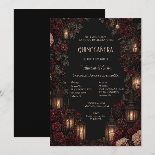Invitation gothique florale lunatique pour Quincea (Devant / Derrière)